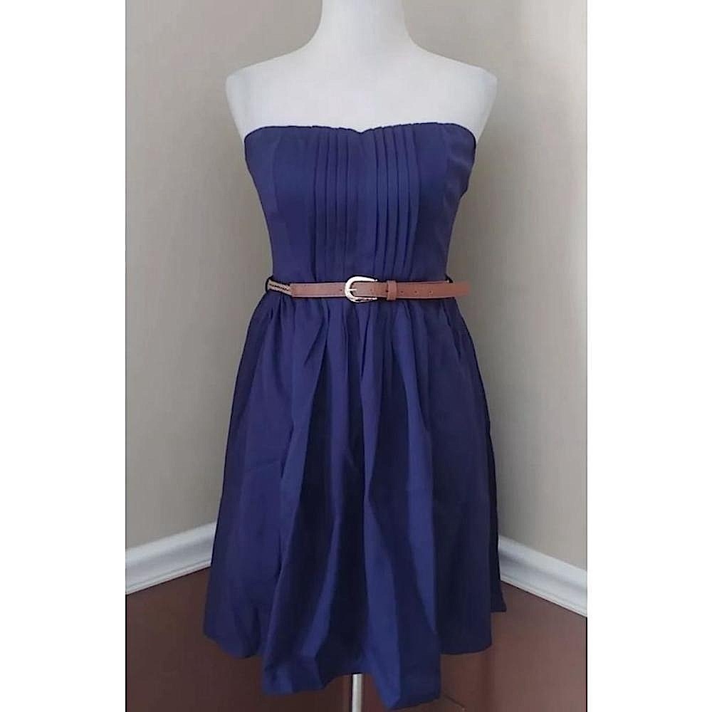 Navy Blue Strapless Pleated Front Belted Dress by Ya Los Angeles from ModCloth